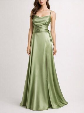 Milla Boudoir Olive Slip Dress‎ Women’s Medium Satin Open Back Slit Formal New